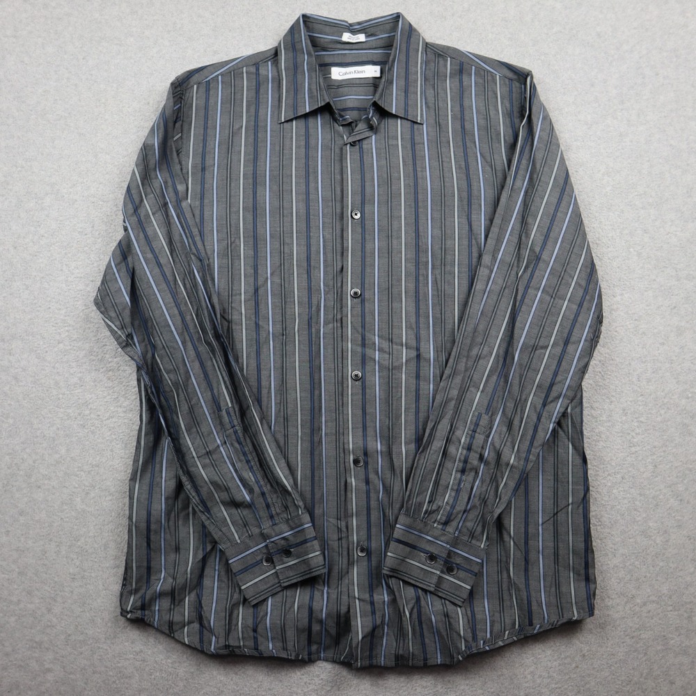 Calvin Klein Button Down Shirt Mens Medium Grey Blue Striped Long Sleeve Cotton